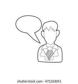 Businessman with a empty speech bubble icon in outline style on a white background