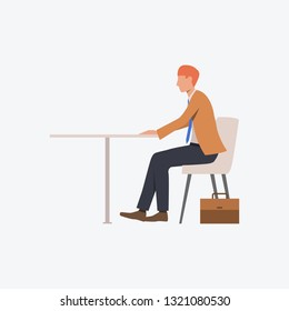 Businessman at empty table flat icon. Professional, office worker, case. Business concept. Can be used for topics like lunch break, meeting, waiting for interview