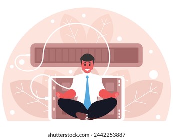 Businessman is energized. Progress indicator. Charge level. Man doing yoga. Businessman sits in the lotus position. The male character relaxes. Charging to raise the energy of the body. Vector