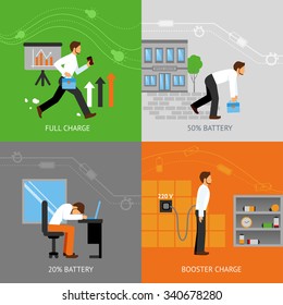 Businessman energy design concept set with battery charge levels flat icons isolated vector illustration