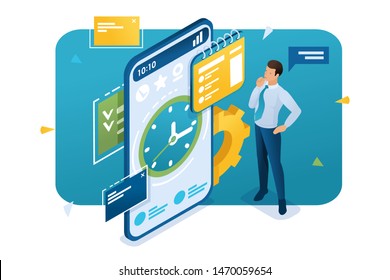 Businessman engaged in time management using the application on the smartphone. Time management concept. 3d isometric. Concept for web design