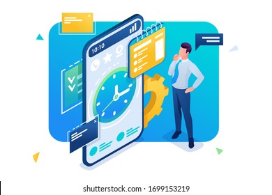 Businessman engaged in time management using the application on the smartphone. 3D isometric. Concept for web design