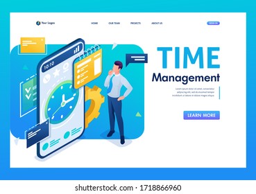 Businessman engaged in time management using the application on the smartphone. 3D isometric. Landing page concepts and web design.