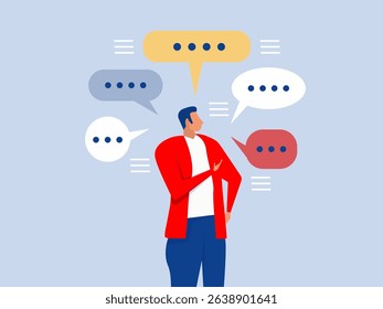 Businessman Engaging in Public Speaking with Multiple Speech Bubbles  Verbal or oral Communication and Storytelling Concept vector