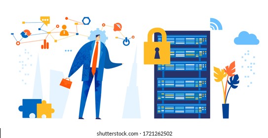  Businessman, engineer stands next to  server box. Internet security and data protection, technology, information safely idea.  Business concept illustration