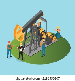 Businessman And Engineers Working On Oil Rig Site Isometric 3d Vector Illustration Concept For Banner, Website, Illustration, Landing Page, Flyer, Etc.