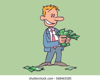 Businessman enjoying a big bundle of money bills