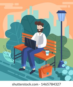 Businessman enjoying a Break from the office working on a laptop computer on a park bench outdoors, colorful cartoon vector illustration.