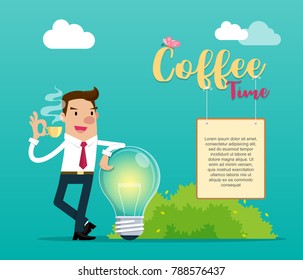 Businessman enjoying a coffee time. Vector illustration