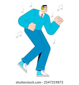 Hombre de negocios disfrutando del concepto de la música. Un ejecutivo alegre en atuendo casual bailando con auriculares. Momentos de equilibrio entre el trabajo y la vida personal y de alivio del estrés. Ilustración vectorial.