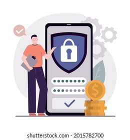 Businessman ensures safety of device on phone screen. Concept of personal data protection and secure sign-in. Profile and account protection on internet. User application. Flat vector illustration
