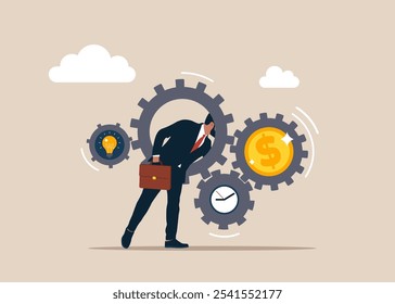 Businessman entering into a gears in search success long term investment. Think outside the box. Flat vector illustration.
