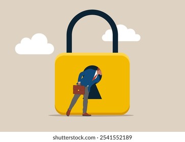 Empresário entrando em um buraco de fechadura para destravar a fechadura. Desbloqueie a acessibilidade comercial. Resolva o problema do negócio, profissional para dar soluções. Ilustração de vetor plano.