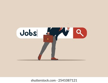 Empresário que entra em uma barra de pesquisa emprego, carreira ou procura de emprego, procura por vaga ou posição de trabalho. Pense fora da caixa. Ilustração de vetor plano.