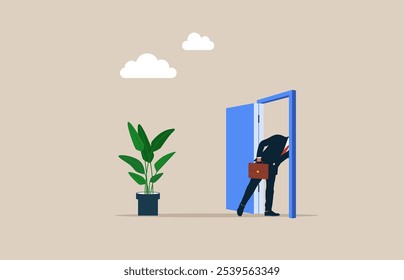 Empresário entrando em uma porta tentando encontrar algo. Bem-vindo ao novo escritório, treinamento de orientação no primeiro dia. Ilustração de vetor plano.