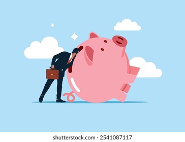 Businessman entering into a through the piggy bank. Stealing money. Reads other people's money. Flat line isolated vector.
