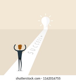 Businessman entering an open door.Businessman looking at the large light bulb symbol.Way of success.Concept for Achievement,Accomplish or Success.Big light bulb on the way.Vector illustration 