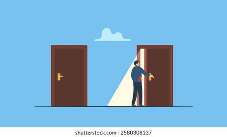 Businessman enters another door to new opportunity, Change job, career transition or move to new opportunity, employee turnover, resignation or leave company, new job, employment, recruitment concept.