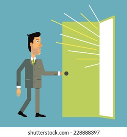 Businessman enters the open door from which light pours. Vector illustration in flat design style.