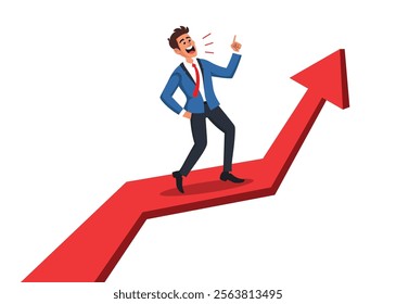 Businessman enthusiastically climbing an upward-pointing arrow, symbolizing career success, growth, and financial achievements