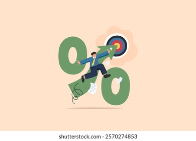 A businessman enthusiastically reaching a target with a green arrow symbolizing growth, surrounded by a large percentage sign. The illustration conveys concepts of interest rates, financial success.