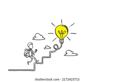 Businessman enthusiastically step on stairs to the bright light bulb. Concept of business idea and career opportunity. Cartoon vector illustration design