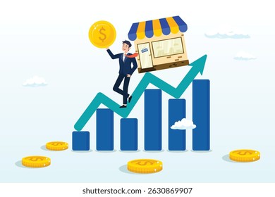 Empresário empresário empresário empresário empresário empresário em gráfico crescente, sucesso pequena empresa, empresário crescente loja de varejo, crescimento de marketing, proprietário de negócios ou venda e conceito de mercadoria
