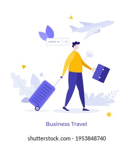 Businessman or entrepreneur carrying suitcase hurries to board departing aircraft. Concept of business travel or tourism, work in trip. Modern flat colorful vector illustration for banner, poster.