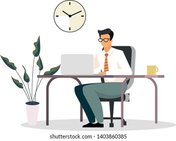 Businessman, Entrepreneur, Ceo, Banker, Financier, Consultant Working In Office Flat Vector Illustration. Manager, Office Worker, Boss At Workplace Isolated Cartoon Character On White Background