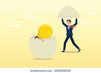 Businessman entrepreneur discover hatching egg with lightbulb idea inside, new creative idea, innovation or solution for business, entrepreneurship or startup idea, creation or discovery (Vector)