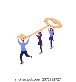 Businessman and entrepreneur go to the door with a key, team work concept flat isometric