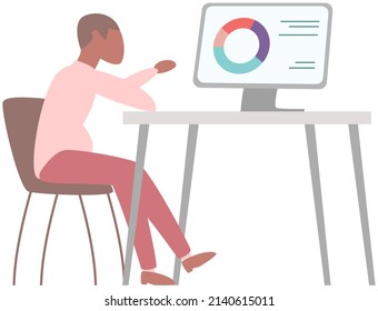 Businessman entrepreneur sitting with computer at office desk vector illustration. Man works with business technologies at workplace. Male character works in management, entrepreneurship