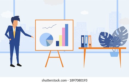 Businessman entrepreneur in a suit presenting business charts at his clean and sleek office desk. Flat style color modern vector illustration.