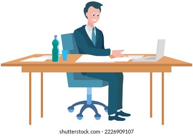 Businessman entrepreneur in suit sitting with computer at office desk doing tasks on laptop. Man works with business technologies at workplace. Male character works in management, entrepreneurship