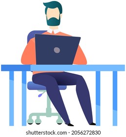 Businessman entrepreneur in suit working at his office desk. Bearded man sitting with laptop surfing internet. Manager uses computer, modern technology for work. Clerk, office worker at workplace