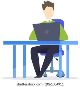 Businessman entrepreneur in suit working at his office desk. Man sitting with laptop surfing internet. Manager uses computer, modern technology for work. Clerk, office worker at workplace