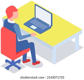 Businessman entrepreneur in suit working at his office desk. Man sitting with laptop surfing internet. Manager uses computer, modern technology for work. Clerk, office worker at workplace