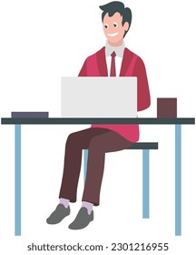 Businessman entrepreneur in suit working at his office desk. Smiling man sitting with laptop surfing internet. Manager uses computer, modern technology for work. Clerk, office worker at workplace