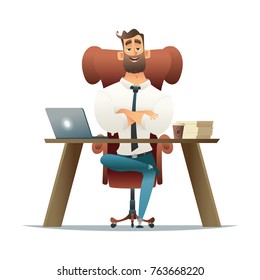 Businessman Entrepreneur Working On A Laptop Computer At His Office Desk.Cartoon Style Vector Illustration. Manager On Workplace. Man Sitting On Armchair.