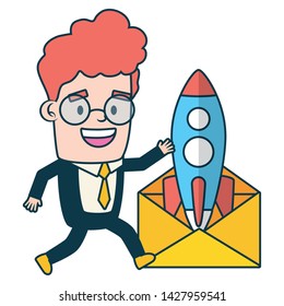 businessman with envelope rocket startup send email vector illustration