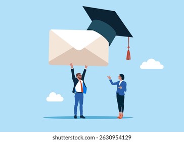 Businessman with envelope wearing academic mortar board hat. Invitations. Education curriculum, overseas school, college and university. Flat vector illustration