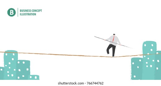 Businessman in equilibrium on a rope over city town on white background illustration vector. Business concept.