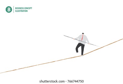 Businessman in equilibrium on the rope on white background illustration vector. Business concept.