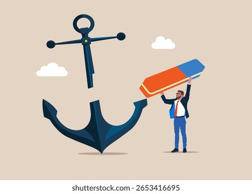 Empresário com borracha removido âncora. Gestão de crises e resolução de problemas. Ilustração vetorial moderna em estilo plano. 