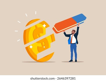 Businessman with eraser removed dollar coin. Finance risk problem and Global economic money problem, Bankruptcy unpaid loan debt, investment failure. Flat vector illustration