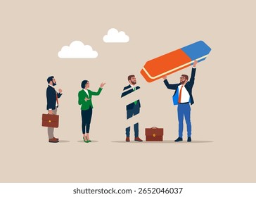 Businessman with eraser removed employee. Losing job, unemployment, finance crisis. Modern vector illustration in flat style