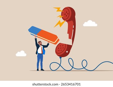 Businessman with eraser  removed furious complain telephone. Customer complaint, dissatisfaction from product or service problem, angry feedback from client. Flat  vector illustration