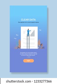businessman erasing information paper form document clear data concept man on ladder delete resume flat copy space vertical vector illustration