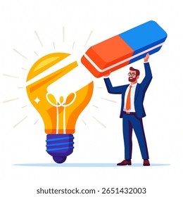 Businessman erasing a light bulb with a huge eraser, symbolizing concept removal and idea clearing for creative thinking.