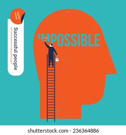 Businessman erasing the word impossible in a big head. Vector illustration Eps10 file. Global colors. Text and Texture in separate layers.